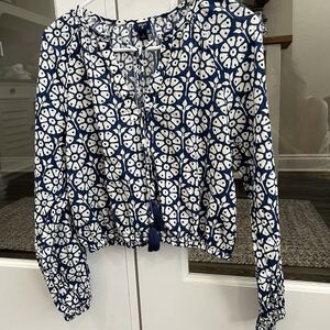 Roller Rabbit x Target Daisy Floral Boho Long Sleeve Top Blue White Size Small